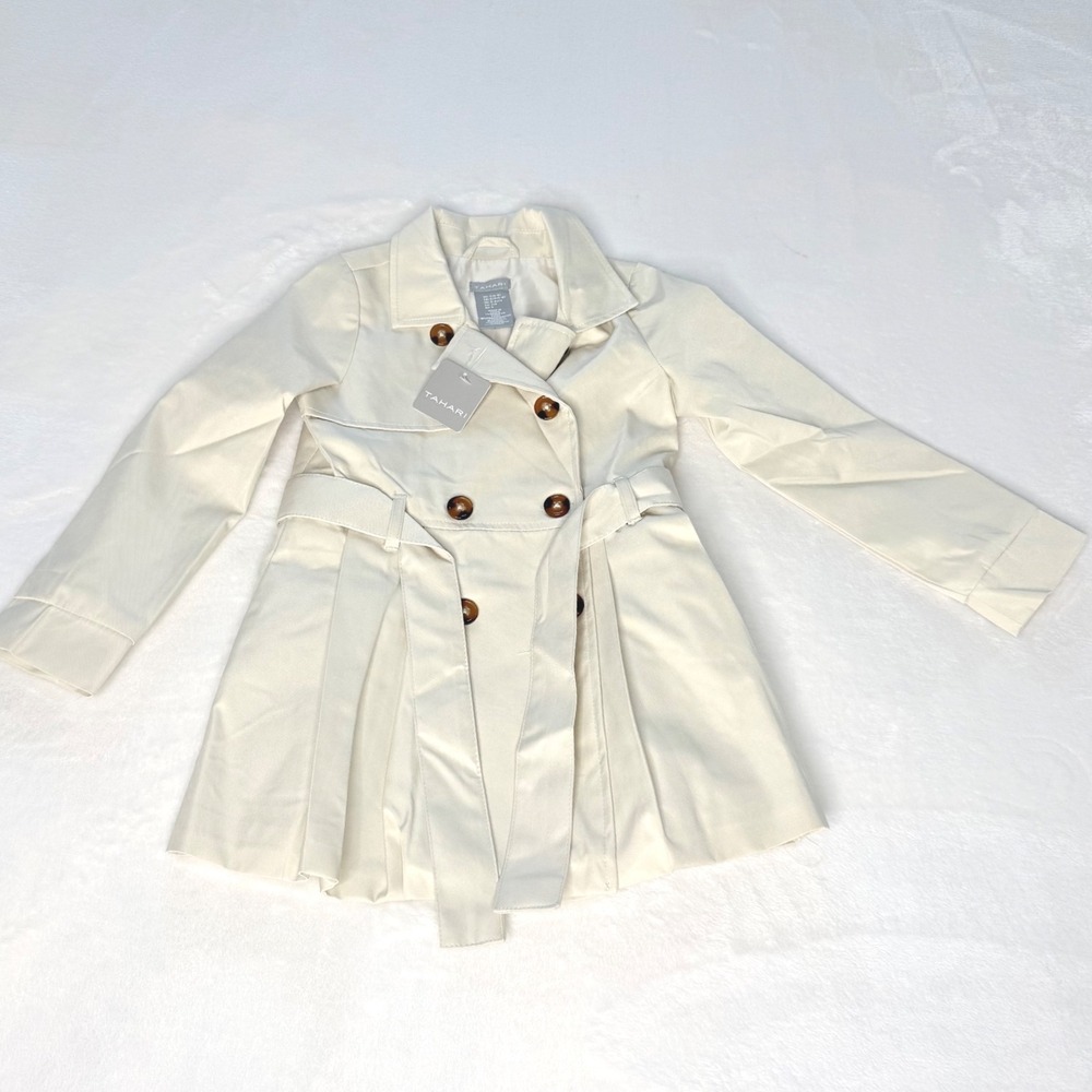 Tahari Girls Ivory Trench Coat Jacket Belted Double Breasted Size 5/6 - Picture 3 of 11